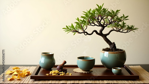 Wallpaper Mural A Captivating Zen Tea Ceremony, Still Life of Tea Table with Bonsai Tree and Tea Set for Mindfulness and Relaxation Torontodigital.ca
