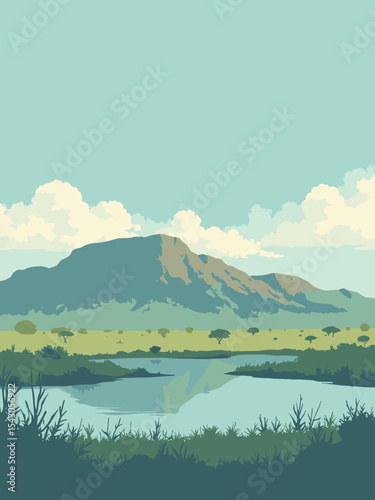 Botswana - Okavango Delta, Tsodilo Hills, Chobe National Park in delta teal, hill stone, park green, and sky blue