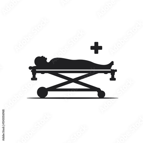 Silhouette of a person on a medical stretcher with wheels and overhead cross symbol, concept of emergency response and accident rescue