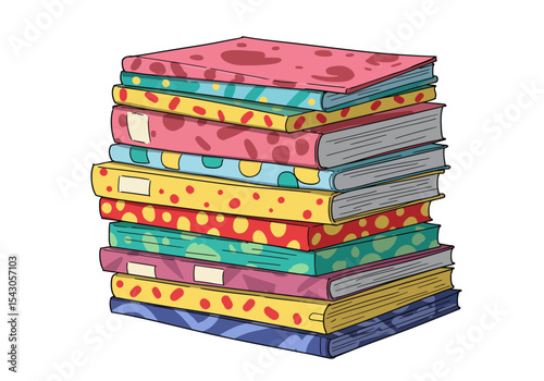 Stack of ten books with different colored covers patterns and labels