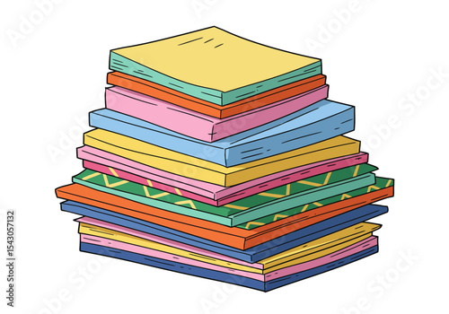 Stacked colorful rectangular flat objects with various designs and shades piled irregularly on a white background
