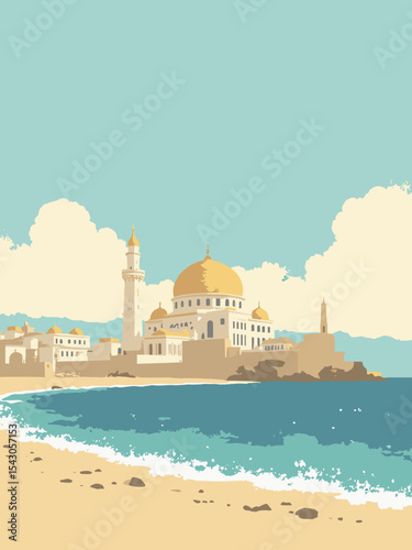 Gaza Strip - Dome of the Rock, Gaza Seaside, Great Omari Mosque in dome gold, sea blue, mosque white, and sand