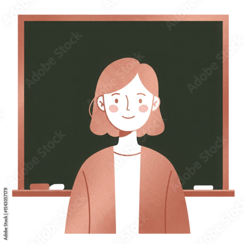 An illustration of a woman teacher in front of a classroom chalkboard with a light texture effect on transparent background.