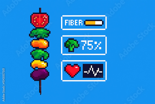 Pixel art vegetable skewer with health data showing fiber level, vegetable percentage, and heart rate in simple digital style