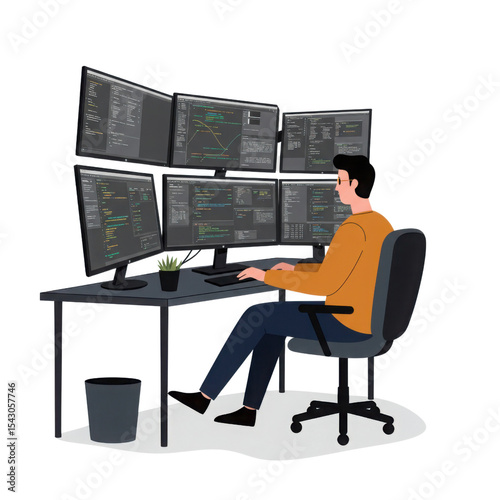 Man using multiple computer monitors for coding. Programmer working on software development at his desk. Programming concept on transparent background.