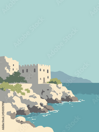 Cyprus - Tombs of the Kings, Kyrenia Castle, Aphrodite’s Rock in tomb grey, castle stone, rock cream, and sea azure
