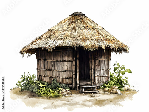 Boti tribe traditional round hut with thick thatched roof and earth base.