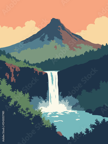 Réunion - Piton de la Fournaise, Cirque de Mafate, Cascade Niagara in lava black, cirque brown, waterfall white, and forest green