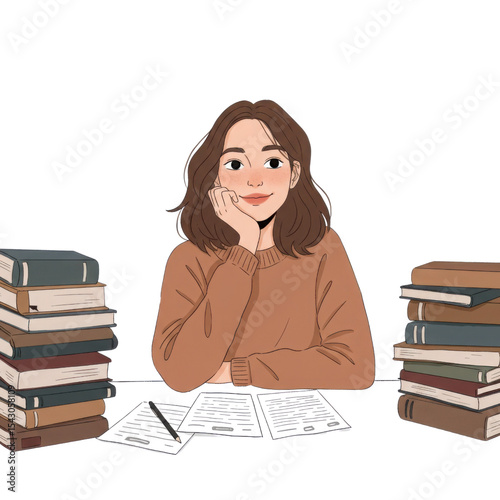 Woman student studying education. Concept of university and library with a pile of book. Back to school time. Illustration on transparent background.
