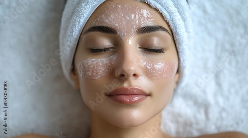 Serene Woman with Facial Mask and Towel, Eyes Closed, Spa Treatment