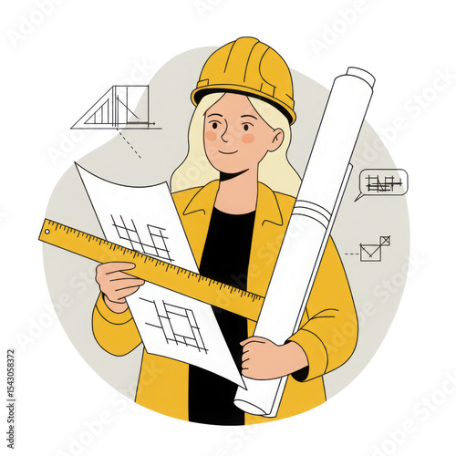 Professional female engineer holding blueprint design with ruler and plan rolled up. Architectural concept for construction on transparent background.