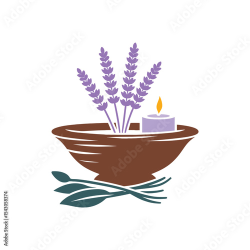 Spa and aromatherapy logo with lavender flowers a candle and herbal leaves in a bowl a vector icon for wellness and natural therapy products