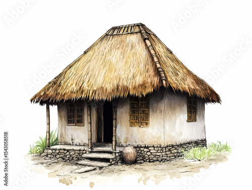 Sasak hut from Lombok with round walls and thick thatched cone roof.