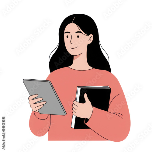 Woman with black hair holding a digital tablet and book, a female student on transparent background, for education and learning concept.