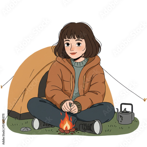 Woman sits by campfire with tent. Outdoor adventure and camping concept. Flat lay digital drawing on transparent background for travel.