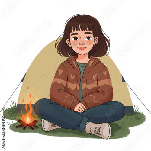 Young woman camping outdoors sitting in front of a tent with campfire. Hiking travel adventure concept on transparent background for kids book.