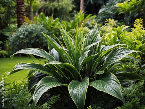 Close-up of lush green plants in a botanical garden, photorealistic, natural textures