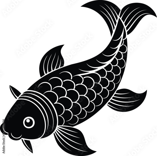 Elegant Black Koi Fish Illustration with Intricate Scale Details Design