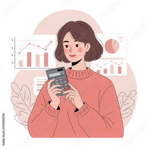 Woman holding calculator. Financial management and accounting illustration. Female working on budget planning on transparent background.