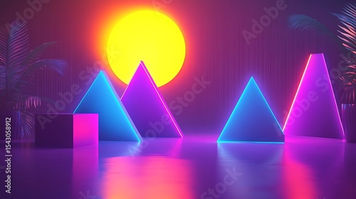 Neon geometric shapes, sun, and plants