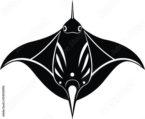 Stylized black and white image of a manta ray with tribal design