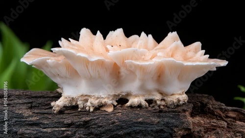 Beautiful coral-like mushroom growing on a log amidst lush greenery in a serene environment