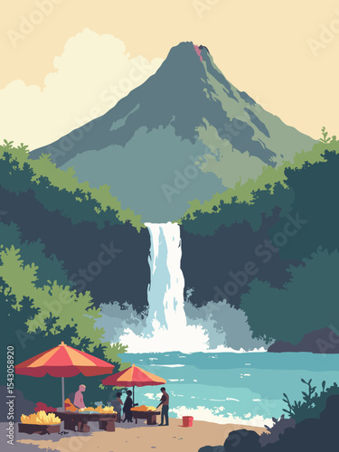 Guadeloupe - La Soufrière, Carbet Falls, Pointe-à-Pitre Market in volcano grey, waterfall white, market red, and banana yellow