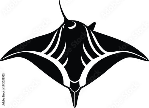 Black and white illustration depicting a manta ray with intricate line art