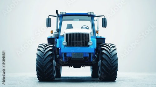Tractor Front. Blue and White Agricultural Tractor Isolated on Farm Field Background