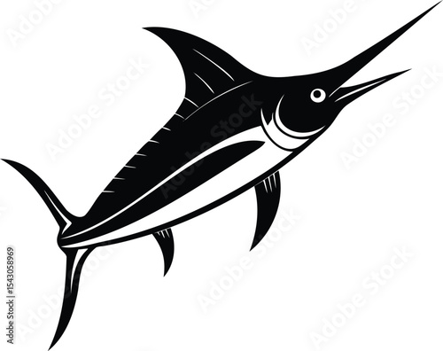 Elegant Silhouette of a Swordfish Swimming Upward in Black and White