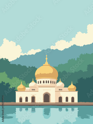 Brunei - Sultan Omar Ali Saifuddien Mosque, Kampong Ayer, Ulu Temburong National Park in dome gold, water brown, park green, and sky blue