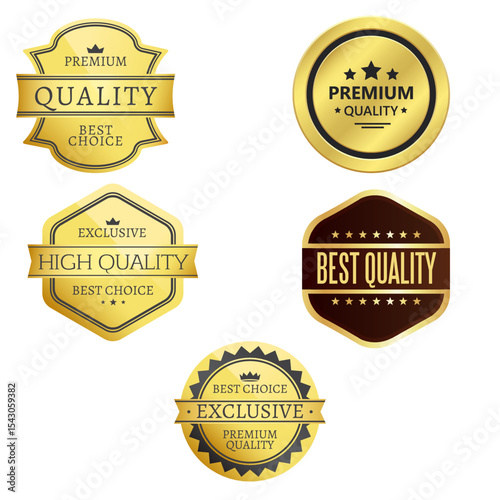 Set of high-quality badges in various styles and shapes, ideal for labels, promotions, certifications, seals, and premium product branding.