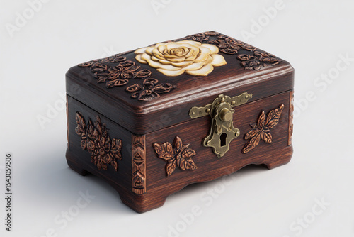 A photorealistic wooden memory coffer with dark mahogany
