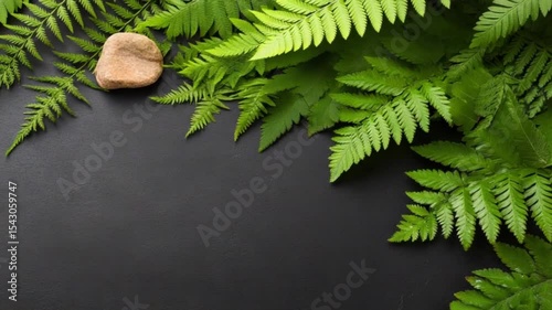 Lush Green Ferns and a Smooth Stone on a Dark Background, Perfect for Nature-Themed Designs
