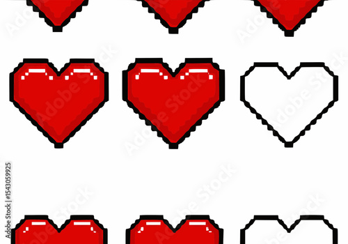 set of red hearts | A close-up of pixel art red hearts, both full and outline, used for game health or lives display.