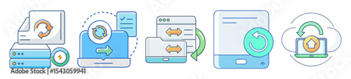Illustrations of data transfer, backup, syncing, and refresh concepts for cloud data