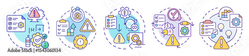 Workflow icons illustrating compliance and risk management, including checklists and warnings