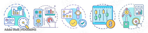 Illustrative icons representing different aspects of financial analysis and time management strategy