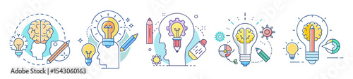 Creative process illustration with lightbulbs, brains and pencils representing idea generation