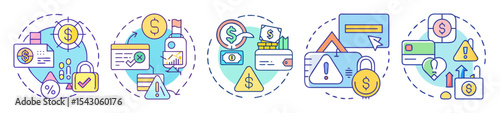 Diverse financial risk and security icons represent challenges and protection strategies