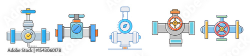 Collection of diverse industrial pipeline valves and meters with various configurations
