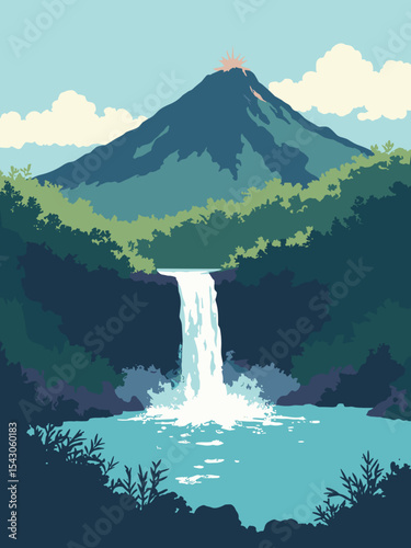 Vanuatu - Mount Yasur, Blue Lagoon, Mele Cascades in volcano black, lagoon blue, cascade white, and jungle green