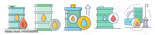 Set of stylized illustrations of oil barrels and the global oil market