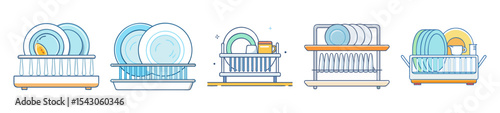 Various Dish Racks with Clean Dishes and Cutlery in a Flat Design