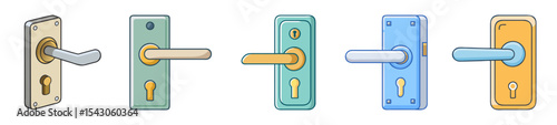 Collection of colorful door handles showing design variations and locking mechanisms