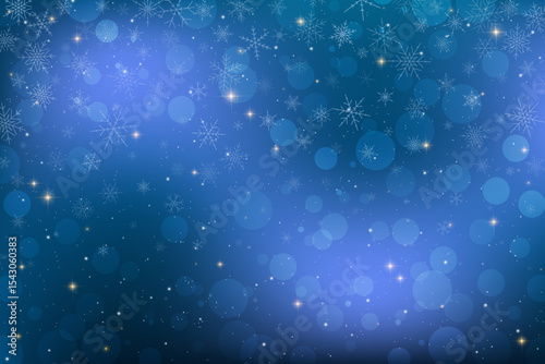 Dark blue night starry sky background with stars and falling snowflakes. Winter holiday gradient illustration with bokeh and sparkles and cosmic celestial light.