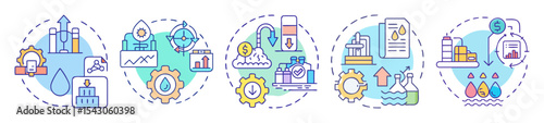 Illustrative representations of water related concepts involving manufacturing and monetary transactions