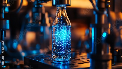 Automated Bottling Process Sparkling Blue Liquid in Glass Bottle on Factory Production Line
