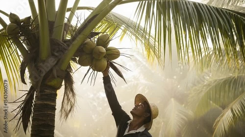 Man Harvesting Coconuts from Tall Palm Tree in Rural Asia Wearing Straw Hat Working Hard Under Tropical Sunlight in Early Morning