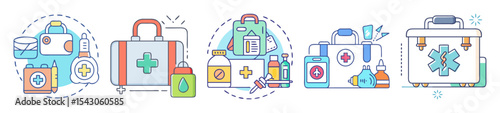 Illustrated Collection of Medical First Aid Kits and Emergency Supplies Icons